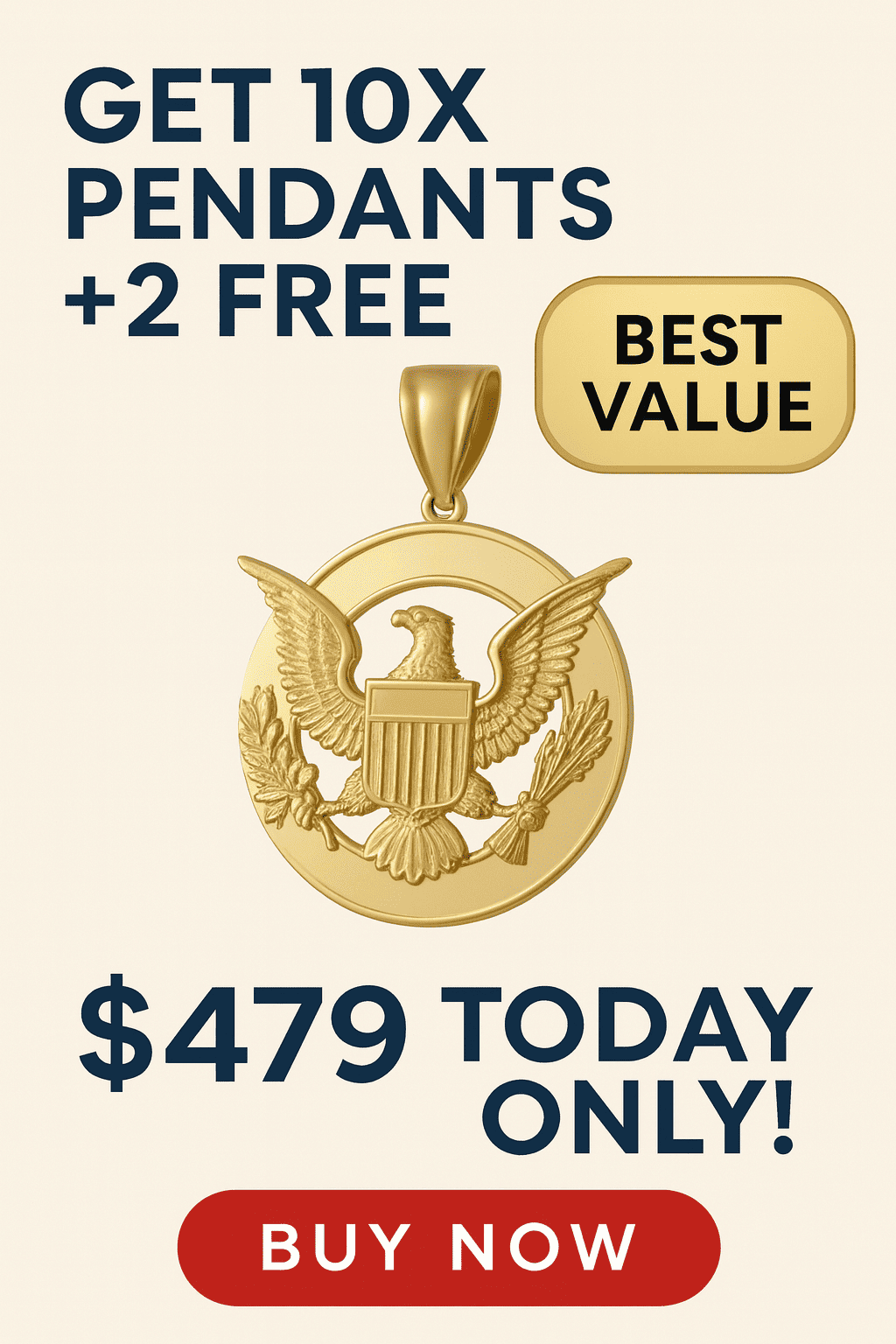 Close-up golden American Eagle pendant with arrows and olive branch design